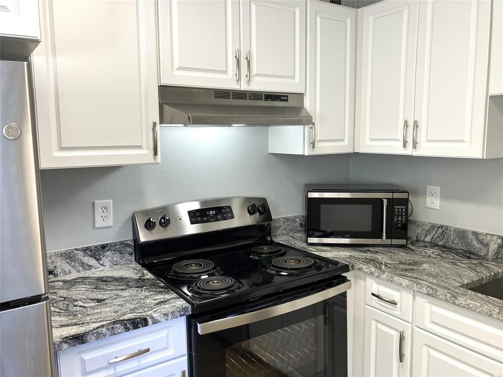 11703 Raintree Village Boulevard, Unit B Temple Terrace, FL 33617 - Photo 19 of 60 a kitchen with stainless steel appliances granite countertop white cabinets and a stove a oven with white countertops