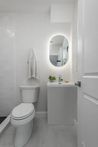 a bathroom with a toilet a sink and mirror