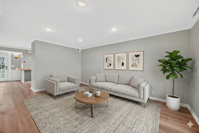 a living room with furniture and a potted plant