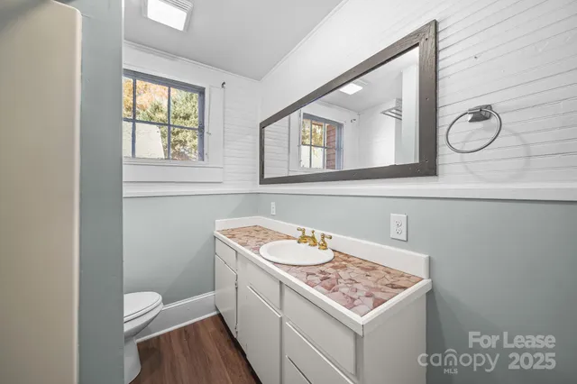 a bathroom with a toilet a sink and mirror