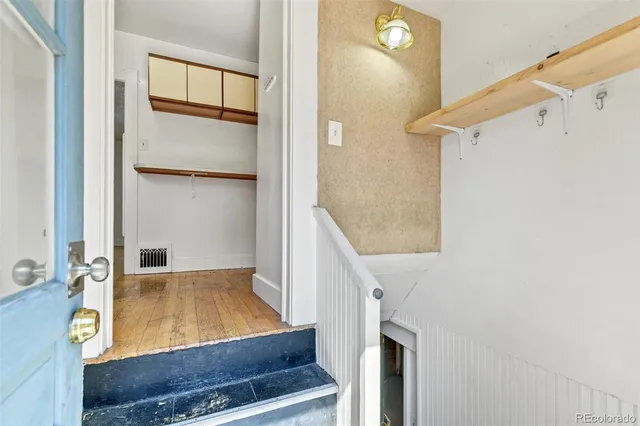 an empty room with a bathroom