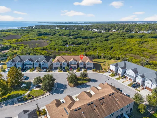 an aerial view of residential houses with outdoor space and ocean view