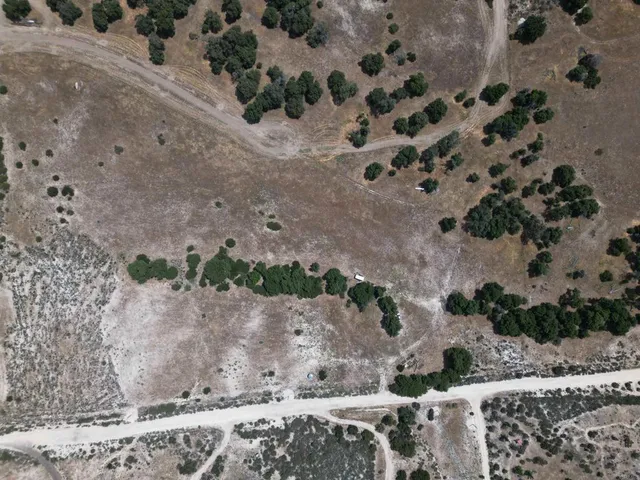 a view of a dry yard with wooden fence