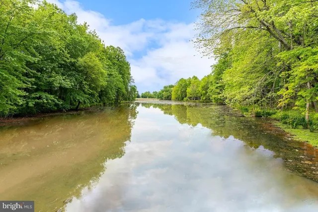a view of a lake with houses in the background
