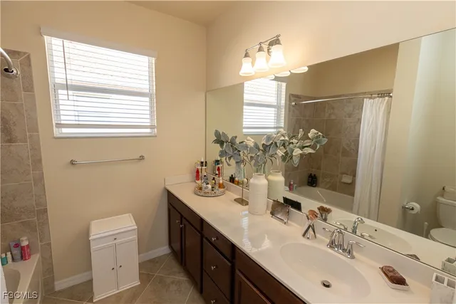 a bathroom with a double vanity sink toilet and a mirror