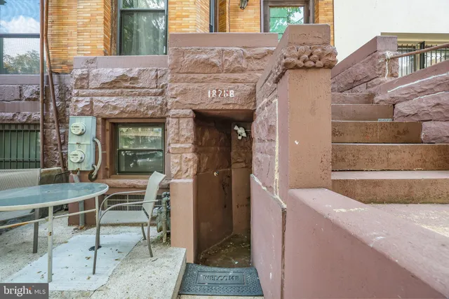 a backyard of a house with table and chairs