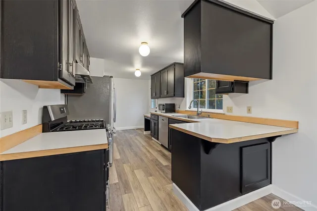 a kitchen with stainless steel appliances a sink stove and refrigerator