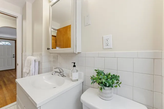 a bathroom with a sink a mirror and a potted plant