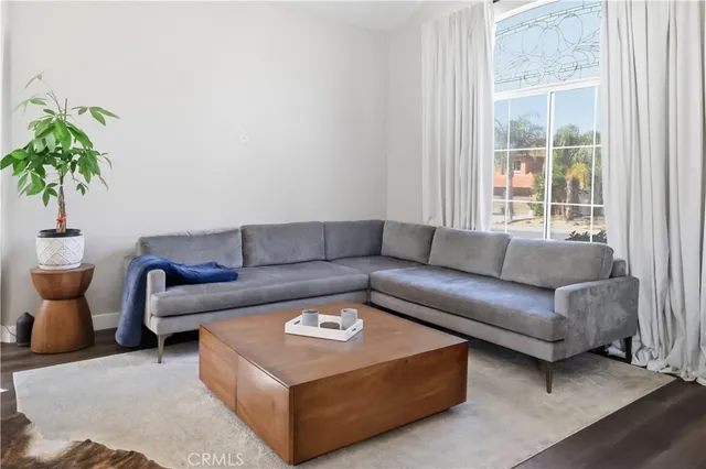 a living room with furniture and a potted plant