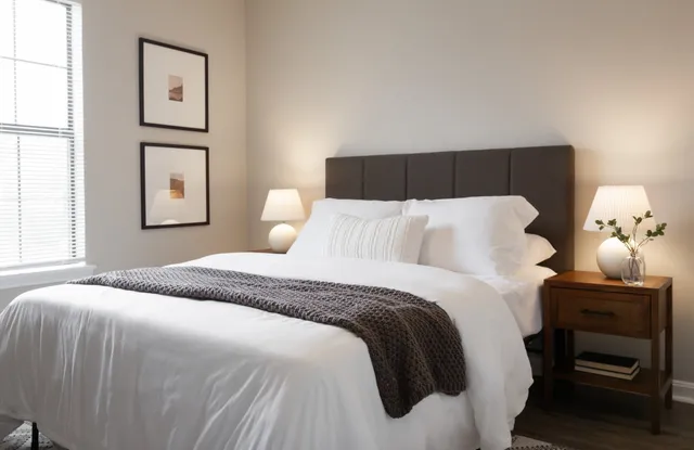 a bedroom with a bed and painting on the wall