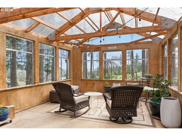 a view of a garage with storage