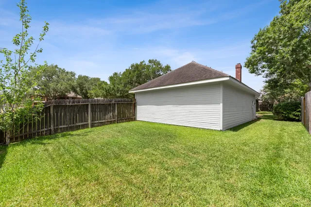 a backyard of a house with plants and large tree