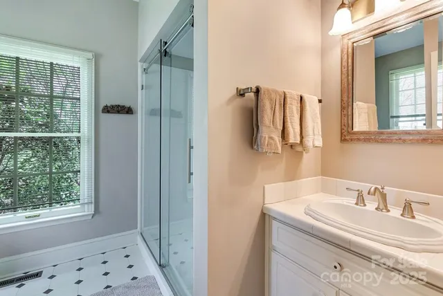 a bathroom with a sink and a mirror