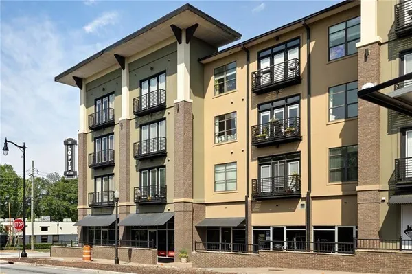 a front view of a multi story building