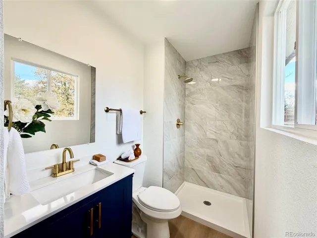 a bathroom with a sink a toilet a mirror and a shower