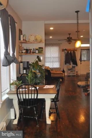 a view of a dining room with furniture