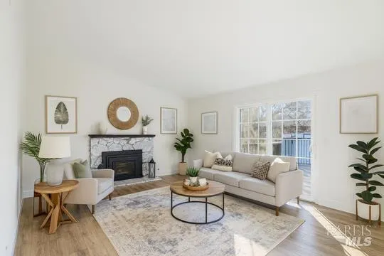 a living room with furniture a rug and a fireplace