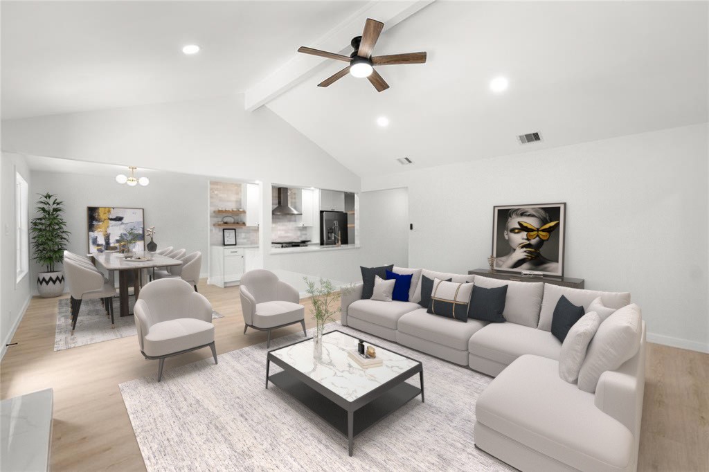 913 Spring Tree Street Round Rock, TX 78681 - Photo 1 of 1 Living area with beam ceiling, luxury vinyl plank flooring, ceiling fan, baseboards, and recessed lighting