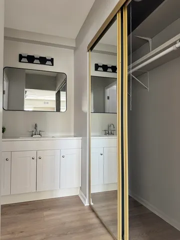 a bathroom with a sink and a mirror