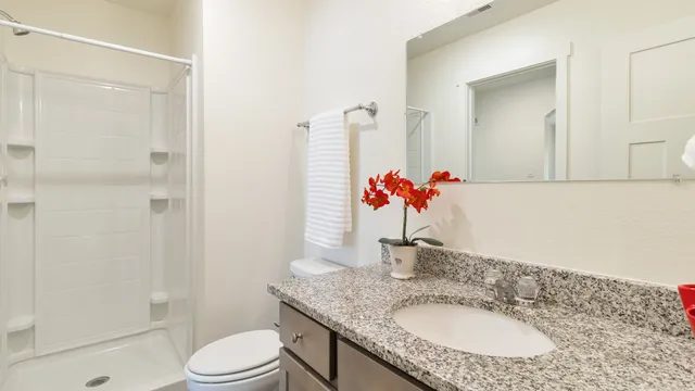 a bathroom with a granite countertop sink a toilet and shower