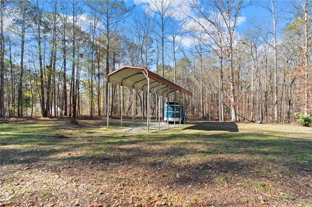 a view of a park with large trees