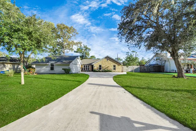 a view of a park with large trees