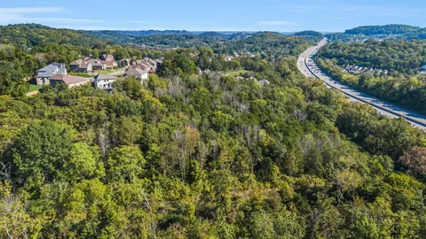a view of a city with lush green forest