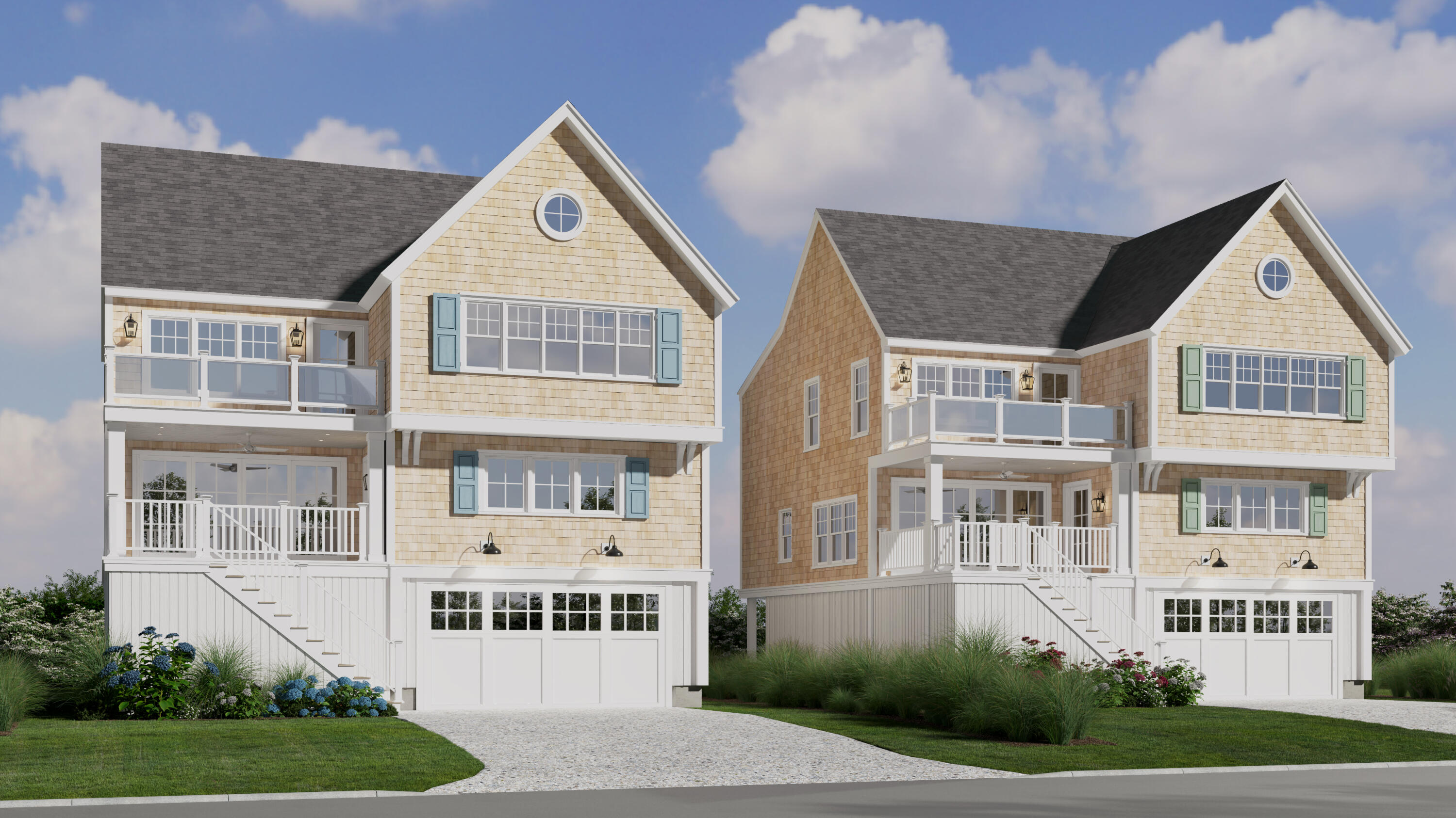 a front view of residential houses with yard