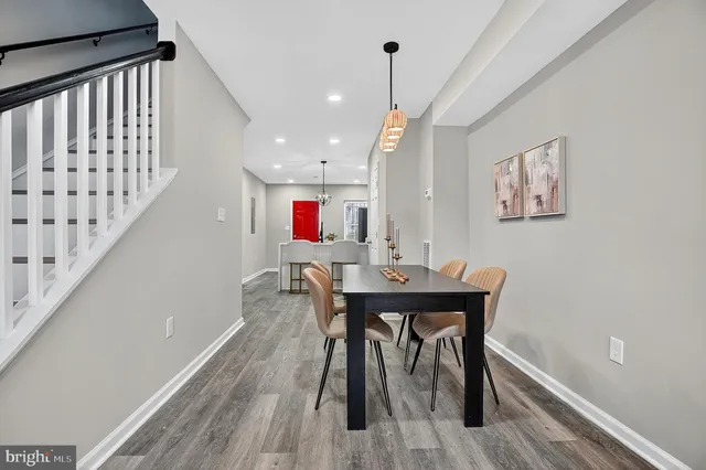 a view of a dining room with furniture