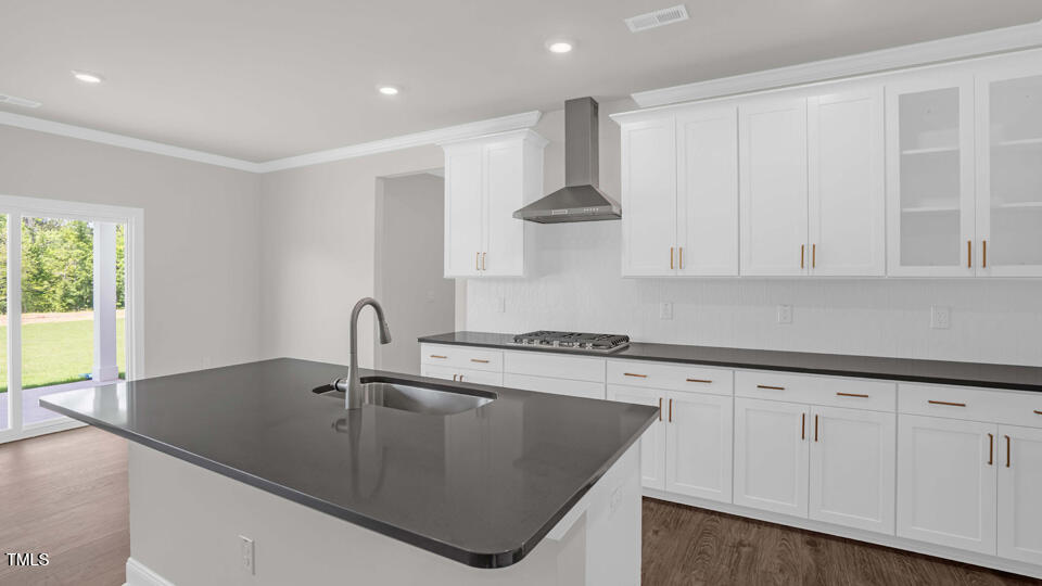 176 Red Jasper Way Clayton, NC 27520 - Photo 10 of 35 a kitchen with stainless steel appliances granite countertop a sink a stove and white cabinets with wooden floor