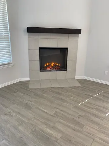 a room with a fireplace