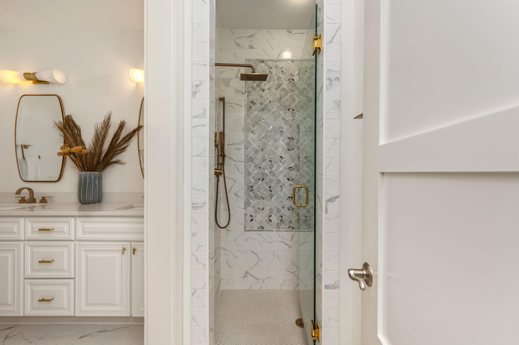 60 Red Cedar Way Santa Rosa Beach, FL 32459 - Photo 60 of 75 a bathroom with a granite countertop sink a mirror and shower