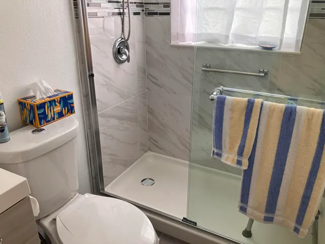 a bathroom with a toilet and a shower