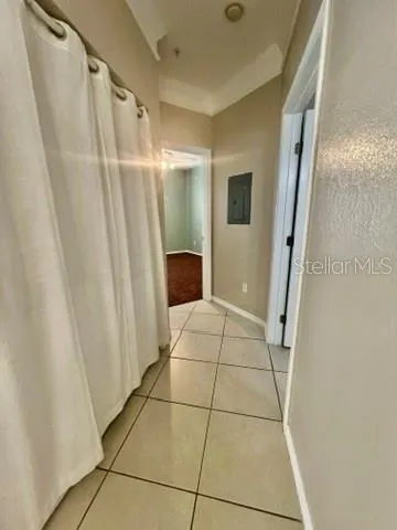 a view of a room with black and white walls