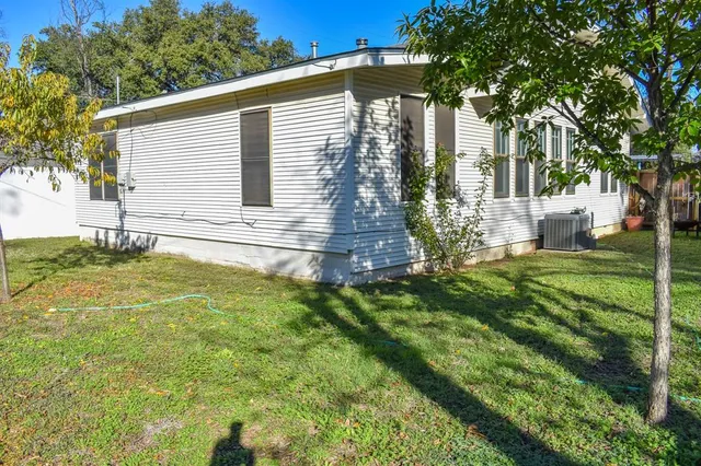 a view of a backyard with plants and large trees