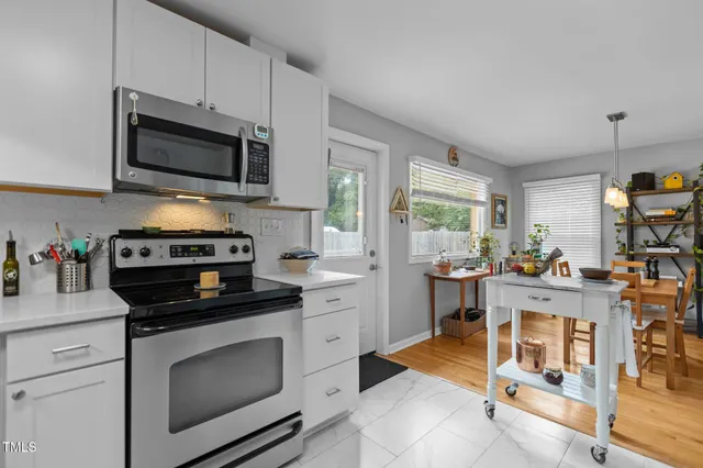 a kitchen with a stove and a microwave
