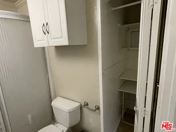 a bathroom with a toilet and a shower curtain
