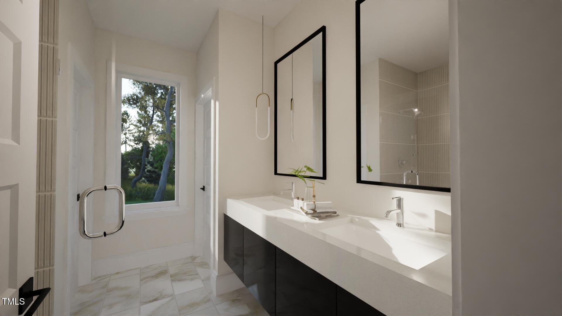 1806 Pershing Road Raleigh, NC 27608 - Photo 19 of 36 a bathroom with a double vanity sink a mirror and shower