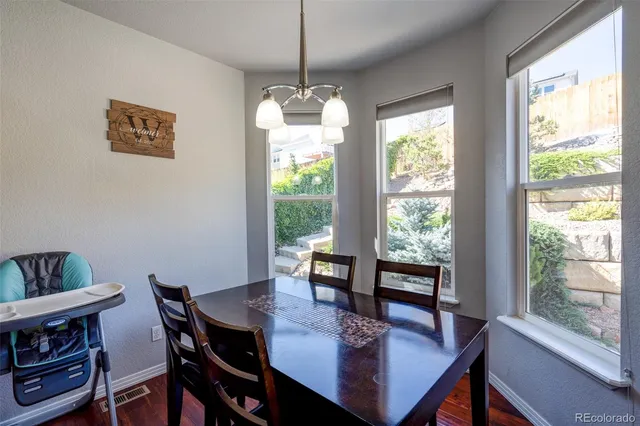 a view of a dining room with furniture window and outside view