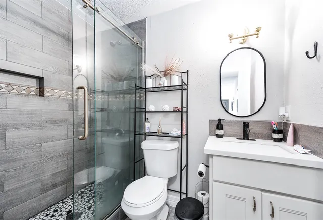 a bathroom with a sink a toilet and a mirror