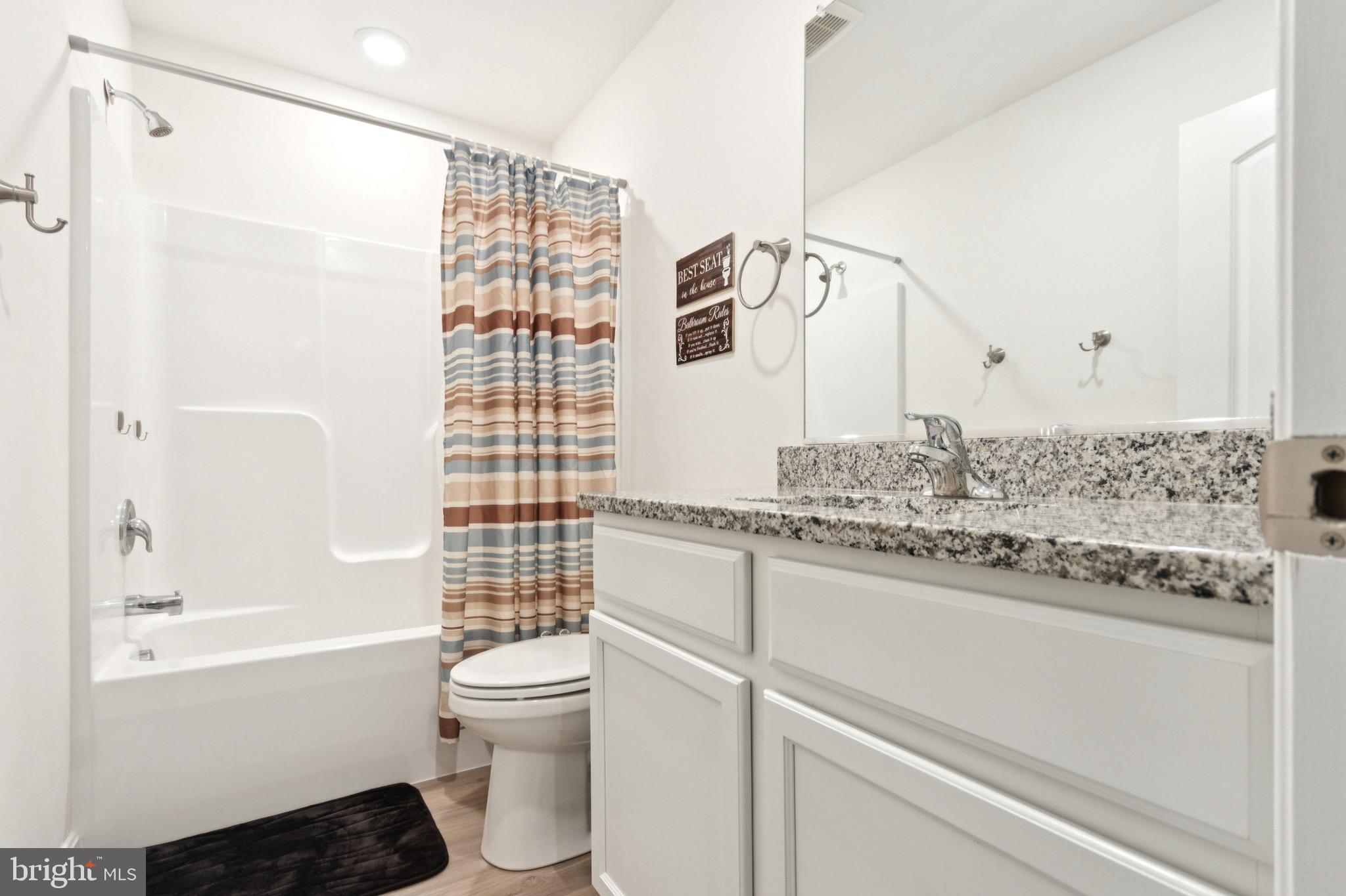 17063 Rollins Road Bowling Green, VA 22427 - Photo 32 of 40 a bathroom with a granite countertop sink toilet and shower