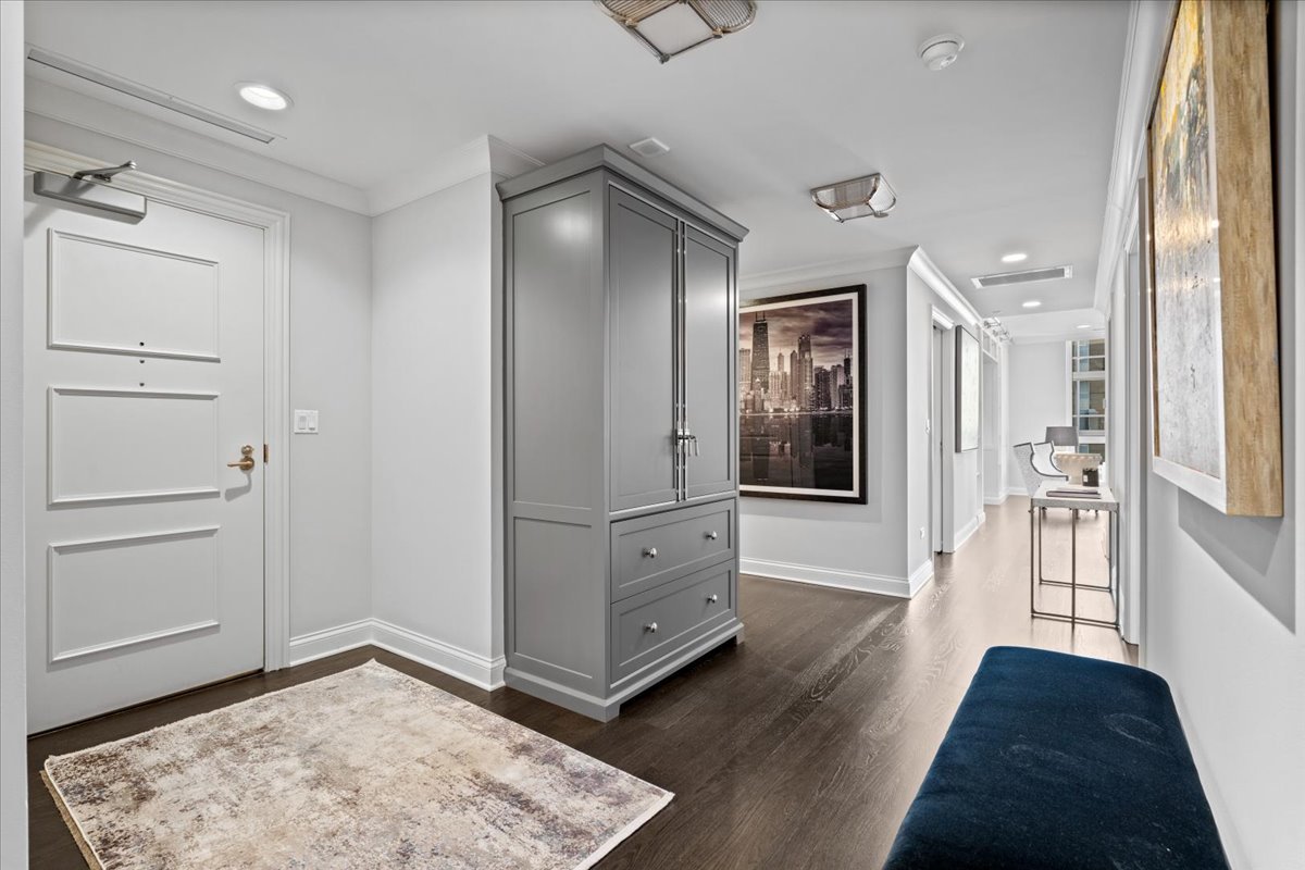 10 East Delaware Place, Unit 28E Chicago, IL 60611 - Photo 3 of 41 a view of a hallway with wooden floor and closet