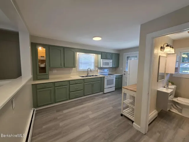 a kitchen with a sink cabinets and wooden floor