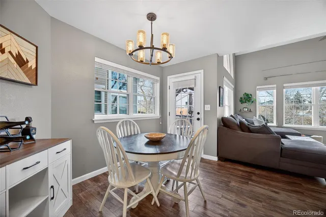 a view of a dining room with furniture window and wooden floor