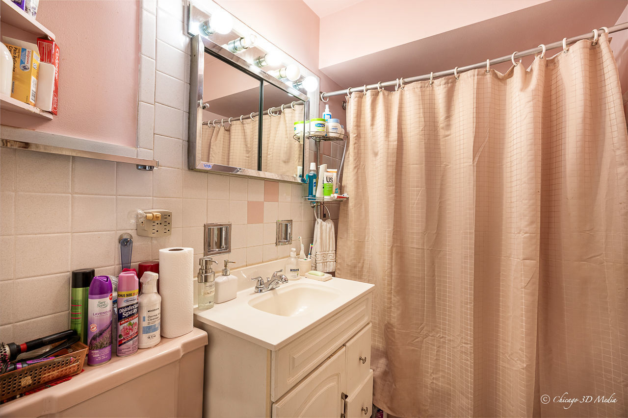 5949 North Odell Avenue, Unit 2E Chicago, IL 60631 - Photo 8 of 12 a bathroom with a sink a mirror and a shower curtain