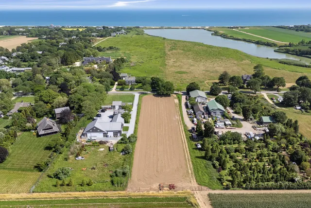 an aerial view of residential houses with outdoor space and lake view