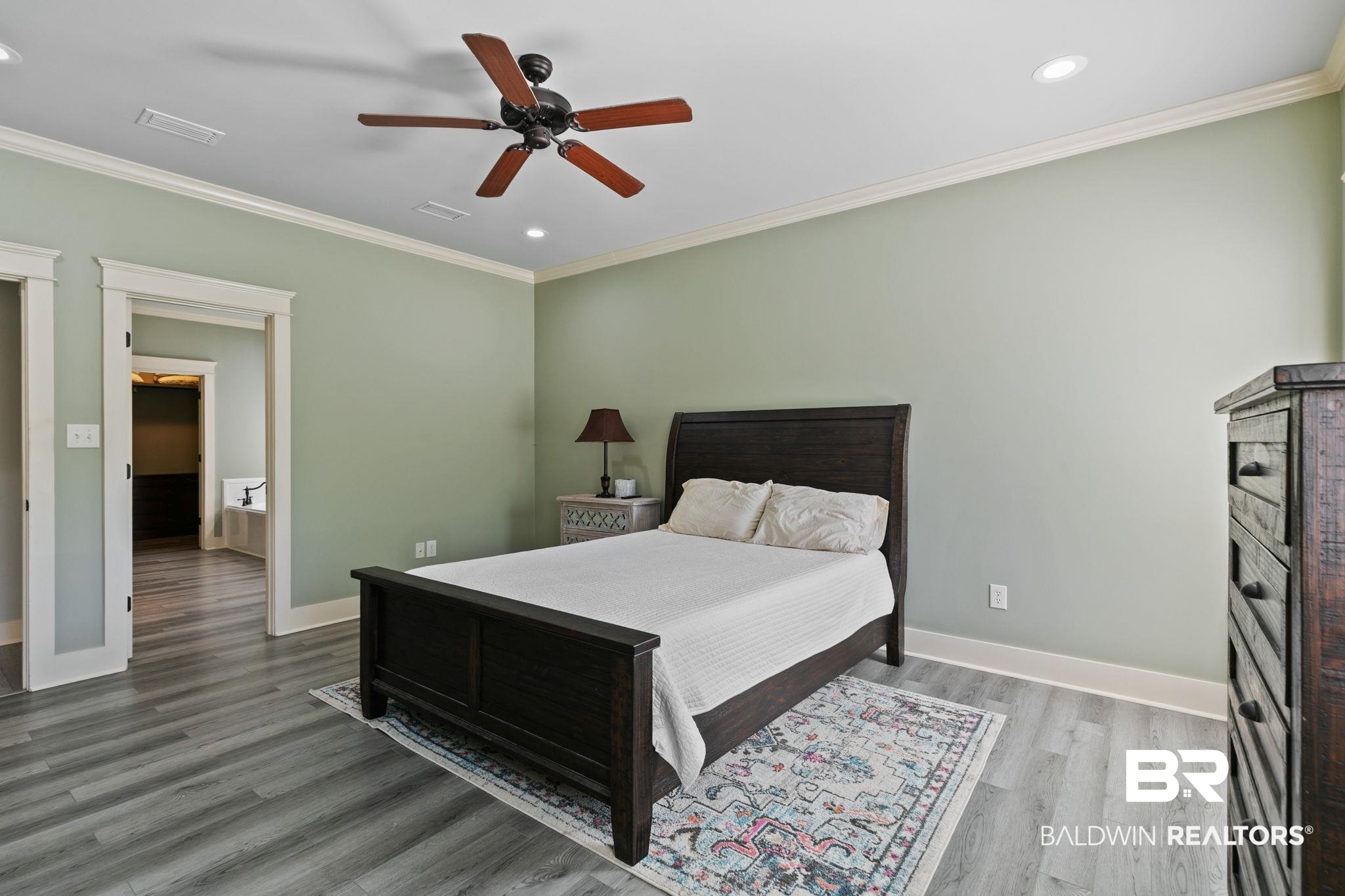 9584 Sanibel Loop Daphne, AL 36526 - Photo 21 of 48 Bedroom with ornamental molding, light wood finished floors, recessed lighting, and ceiling fan