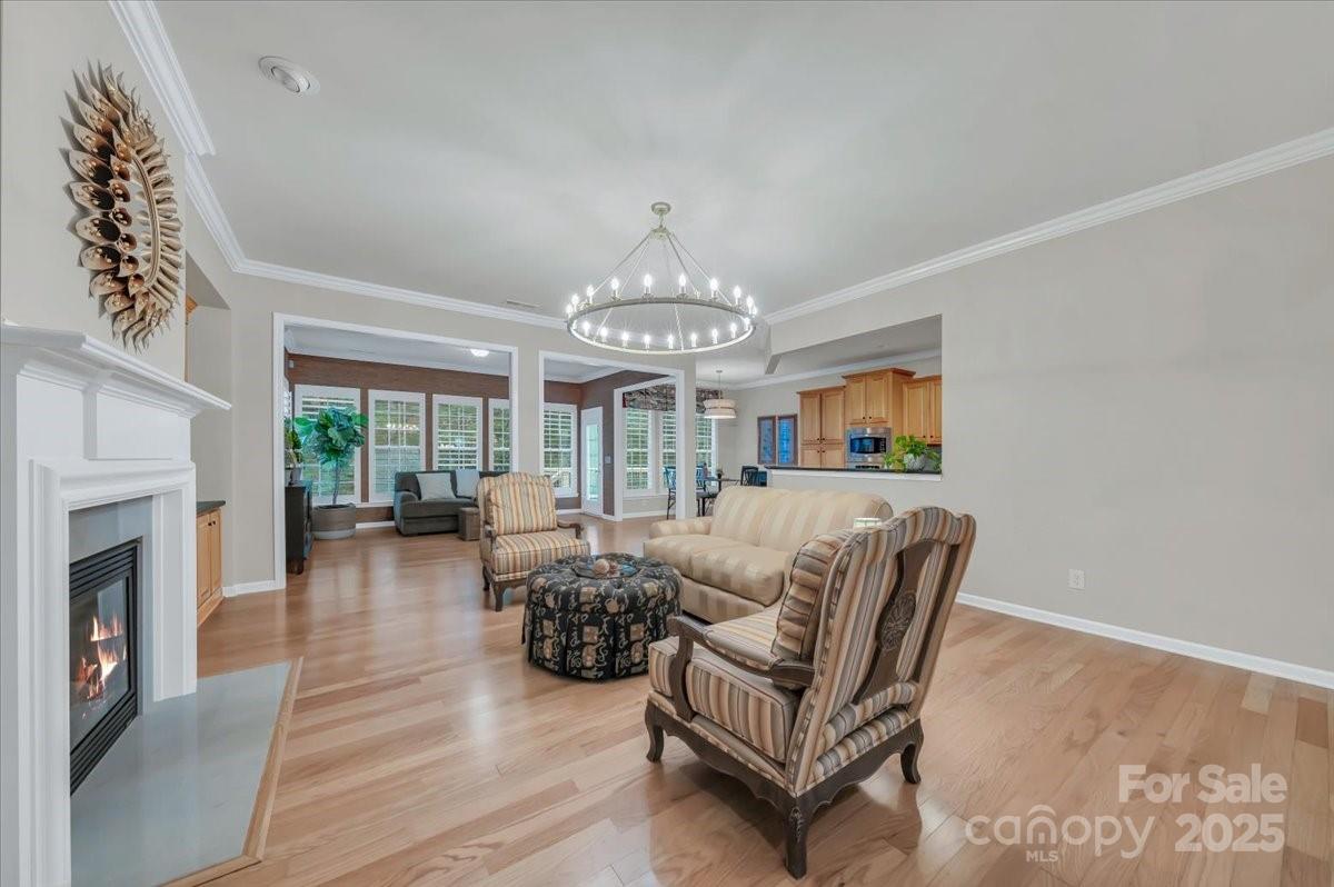 51225 Daffodil Court Fort Mill, SC 29707 - Photo 8 of 45 a living room with furniture a chandelier and a fireplace