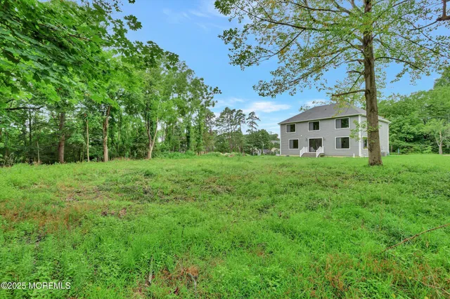 a view of a grassy field with trees in the background