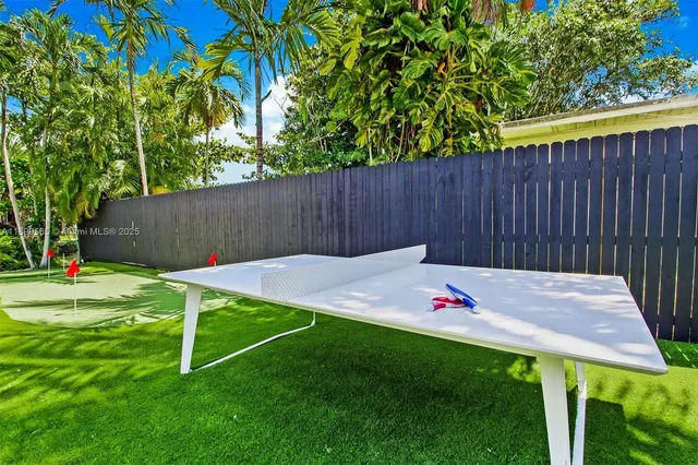 a view of a patio with a table and chairs in the patio